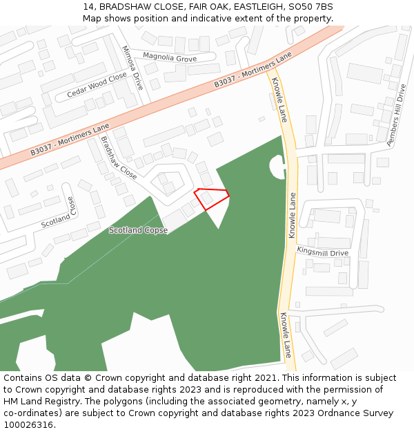 14, BRADSHAW CLOSE, FAIR OAK, EASTLEIGH, SO50 7BS: Location map and indicative extent of plot