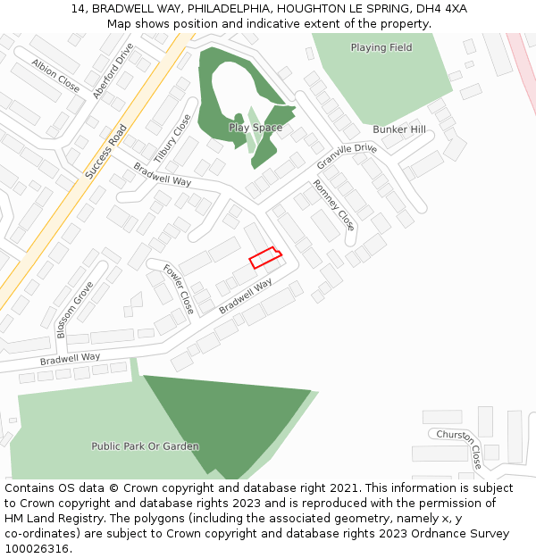 14, BRADWELL WAY, PHILADELPHIA, HOUGHTON LE SPRING, DH4 4XA: Location map and indicative extent of plot