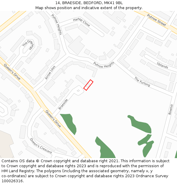 14, BRAESIDE, BEDFORD, MK41 9BL: Location map and indicative extent of plot