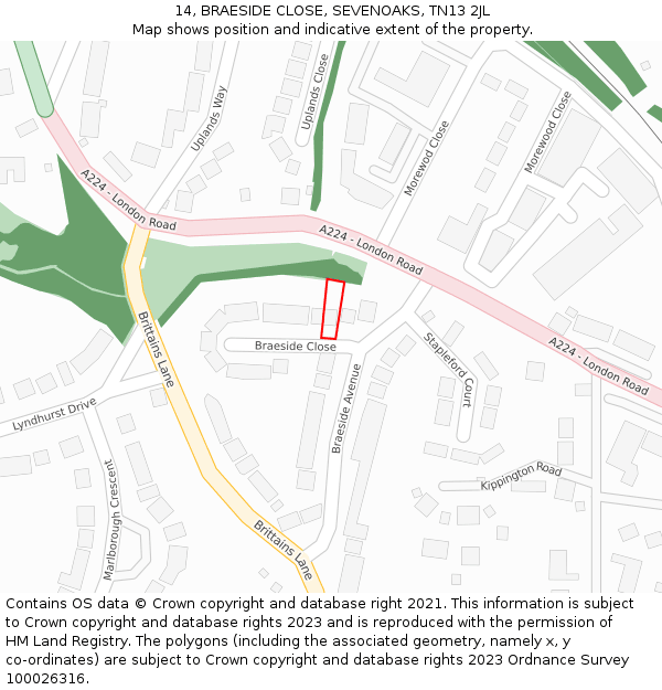14, BRAESIDE CLOSE, SEVENOAKS, TN13 2JL: Location map and indicative extent of plot