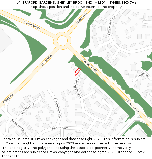 14, BRAFORD GARDENS, SHENLEY BROOK END, MILTON KEYNES, MK5 7HY: Location map and indicative extent of plot