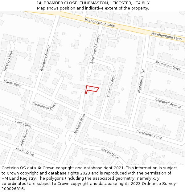 14, BRAMBER CLOSE, THURMASTON, LEICESTER, LE4 8HY: Location map and indicative extent of plot