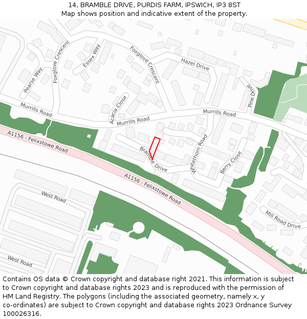 14, BRAMBLE DRIVE, PURDIS FARM, IPSWICH, IP3 8ST: Location map and indicative extent of plot
