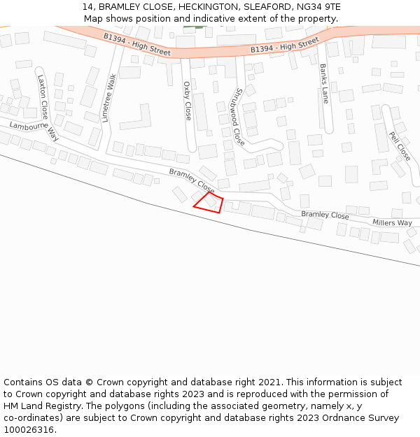 14, BRAMLEY CLOSE, HECKINGTON, SLEAFORD, NG34 9TE: Location map and indicative extent of plot