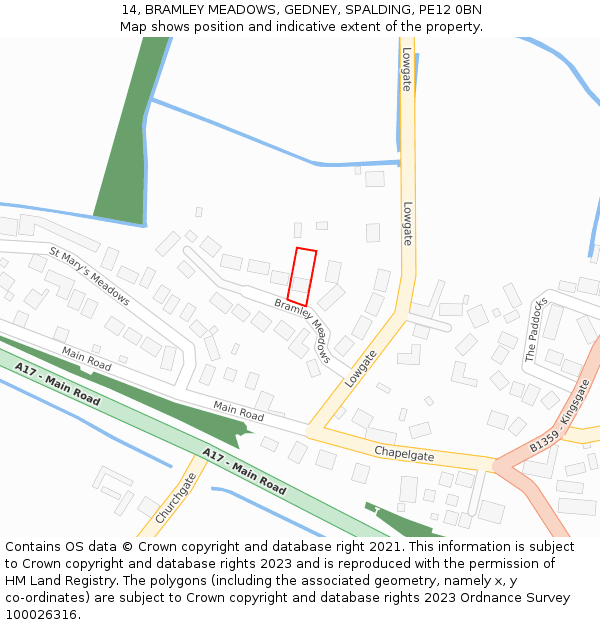 14, BRAMLEY MEADOWS, GEDNEY, SPALDING, PE12 0BN: Location map and indicative extent of plot