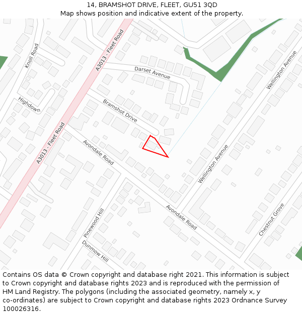 14, BRAMSHOT DRIVE, FLEET, GU51 3QD: Location map and indicative extent of plot