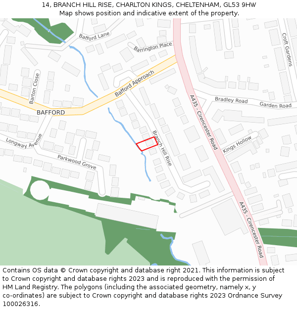 14, BRANCH HILL RISE, CHARLTON KINGS, CHELTENHAM, GL53 9HW: Location map and indicative extent of plot