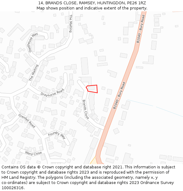 14, BRANDS CLOSE, RAMSEY, HUNTINGDON, PE26 1RZ: Location map and indicative extent of plot