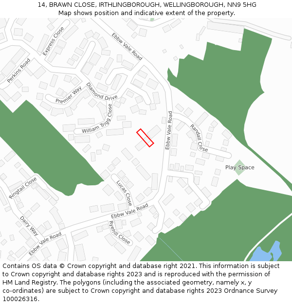 14, BRAWN CLOSE, IRTHLINGBOROUGH, WELLINGBOROUGH, NN9 5HG: Location map and indicative extent of plot