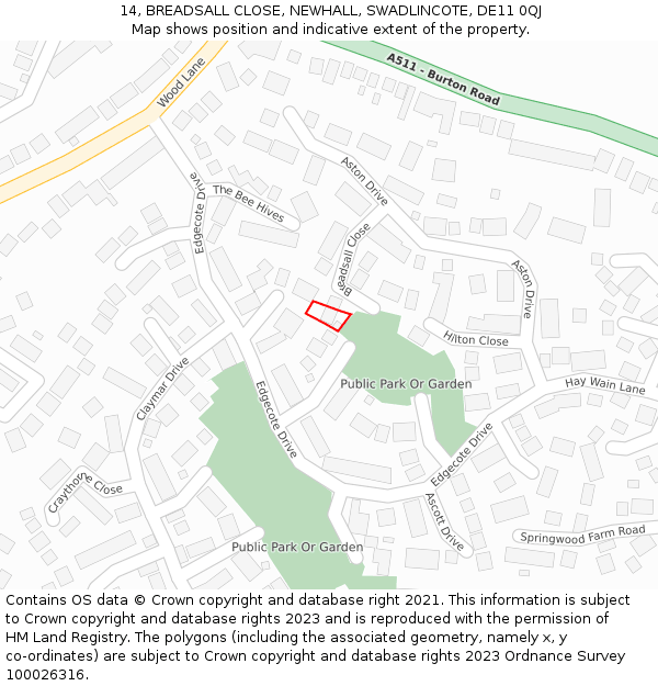 14, BREADSALL CLOSE, NEWHALL, SWADLINCOTE, DE11 0QJ: Location map and indicative extent of plot