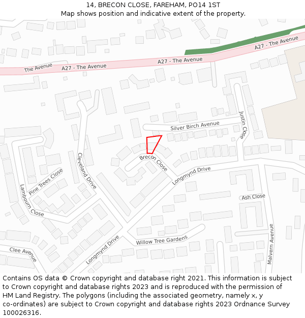 14, BRECON CLOSE, FAREHAM, PO14 1ST: Location map and indicative extent of plot