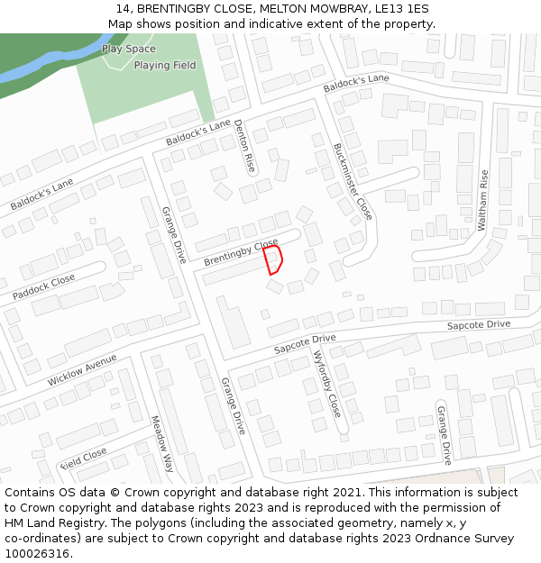 14, BRENTINGBY CLOSE, MELTON MOWBRAY, LE13 1ES: Location map and indicative extent of plot