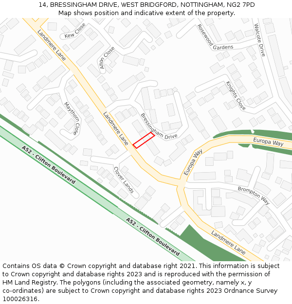 14, BRESSINGHAM DRIVE, WEST BRIDGFORD, NOTTINGHAM, NG2 7PD: Location map and indicative extent of plot