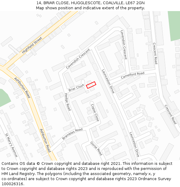 14, BRIAR CLOSE, HUGGLESCOTE, COALVILLE, LE67 2GN: Location map and indicative extent of plot
