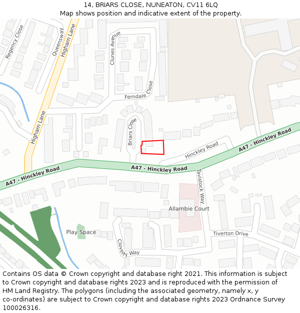 14, BRIARS CLOSE, NUNEATON, CV11 6LQ: Location map and indicative extent of plot