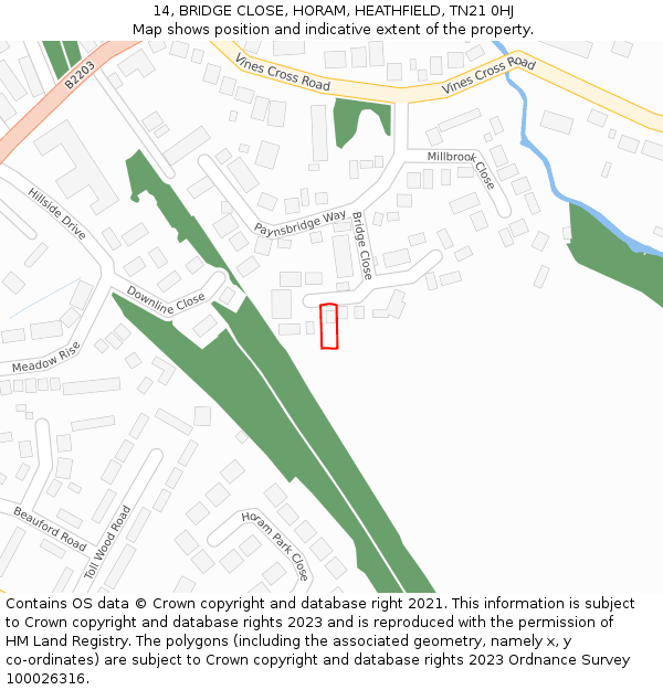 14, BRIDGE CLOSE, HORAM, HEATHFIELD, TN21 0HJ: Location map and indicative extent of plot