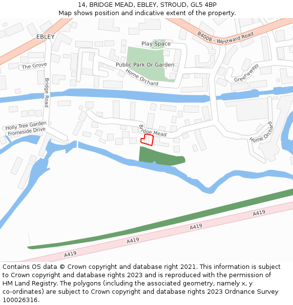 14, BRIDGE MEAD, EBLEY, STROUD, GL5 4BP: Location map and indicative extent of plot