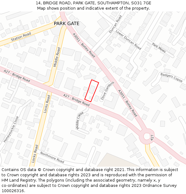 14, BRIDGE ROAD, PARK GATE, SOUTHAMPTON, SO31 7GE: Location map and indicative extent of plot