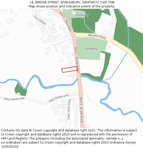 14, BRIDGE STREET, WYBUNBURY, NANTWICH, CW5 7NB: Location map and indicative extent of plot