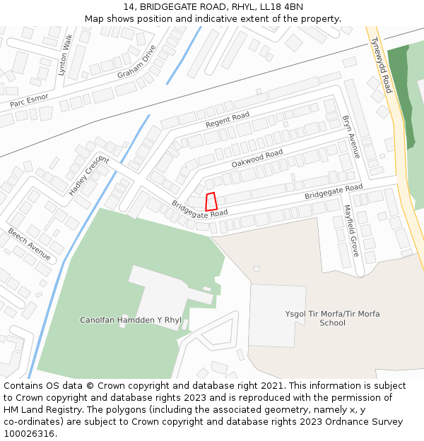 14, BRIDGEGATE ROAD, RHYL, LL18 4BN: Location map and indicative extent of plot