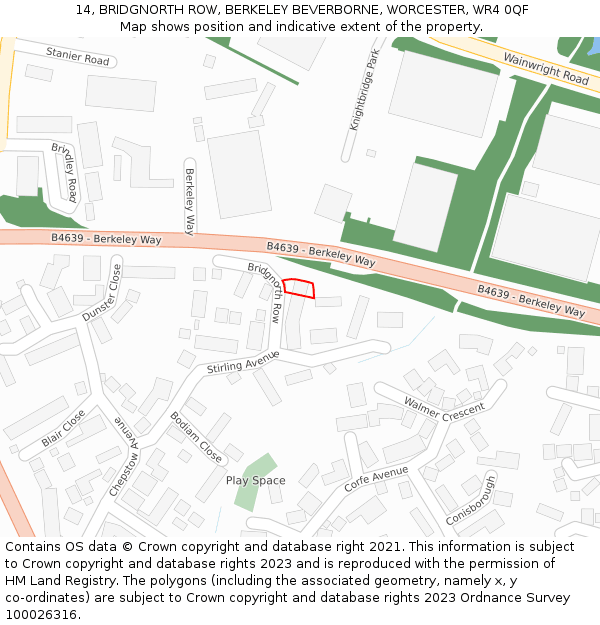 14, BRIDGNORTH ROW, BERKELEY BEVERBORNE, WORCESTER, WR4 0QF: Location map and indicative extent of plot