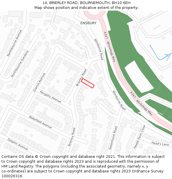 14, BRIERLEY ROAD, BOURNEMOUTH, BH10 6EH: Location map and indicative extent of plot