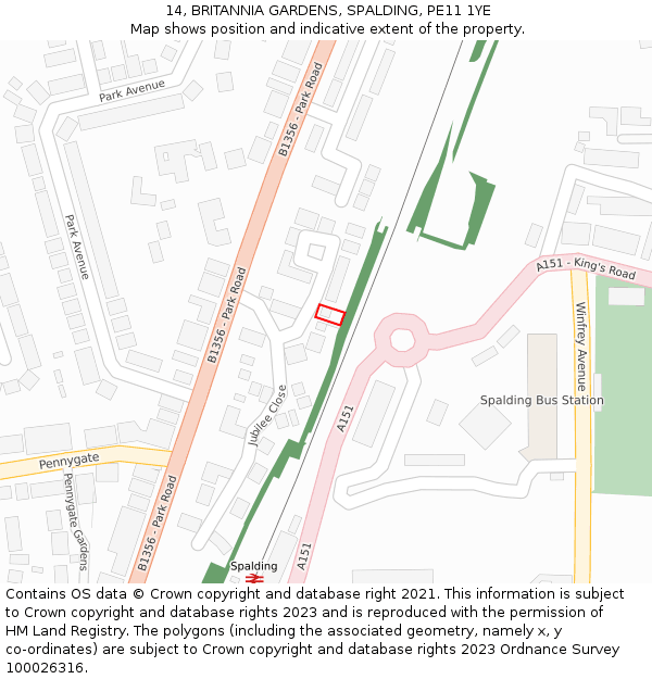 14, BRITANNIA GARDENS, SPALDING, PE11 1YE: Location map and indicative extent of plot