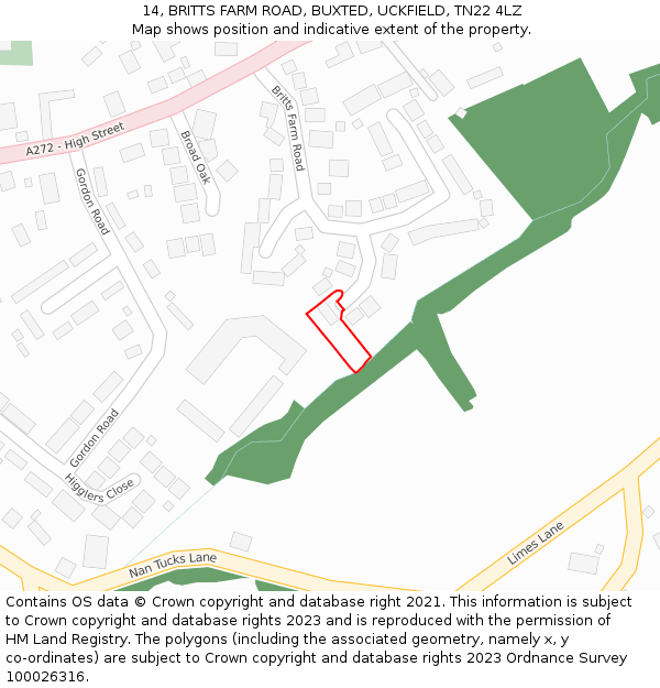 14, BRITTS FARM ROAD, BUXTED, UCKFIELD, TN22 4LZ: Location map and indicative extent of plot