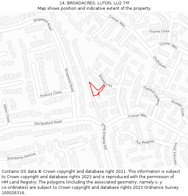 14, BROADACRES, LUTON, LU2 7YF: Location map and indicative extent of plot