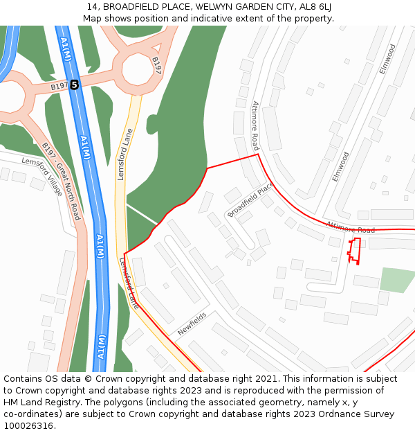 14, BROADFIELD PLACE, WELWYN GARDEN CITY, AL8 6LJ: Location map and indicative extent of plot