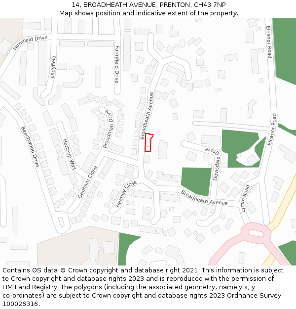 14, BROADHEATH AVENUE, PRENTON, CH43 7NP: Location map and indicative extent of plot