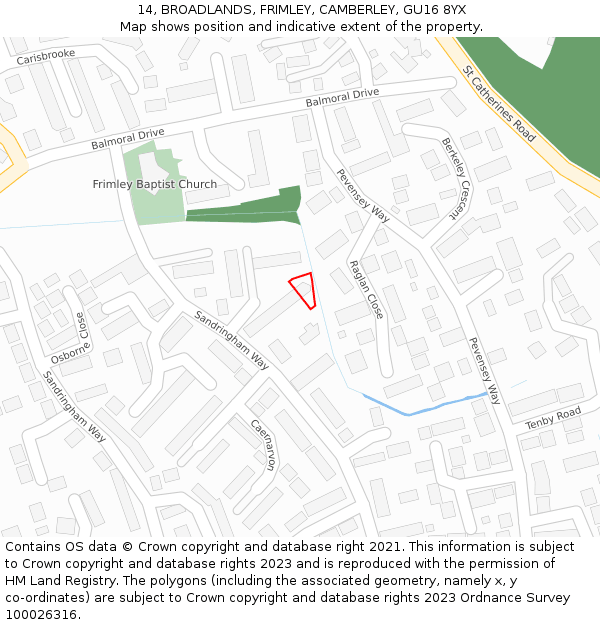 14, BROADLANDS, FRIMLEY, CAMBERLEY, GU16 8YX: Location map and indicative extent of plot