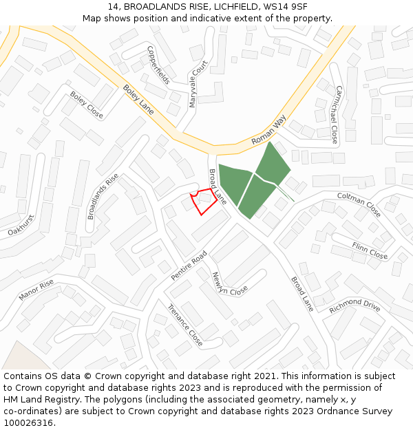 14, BROADLANDS RISE, LICHFIELD, WS14 9SF: Location map and indicative extent of plot