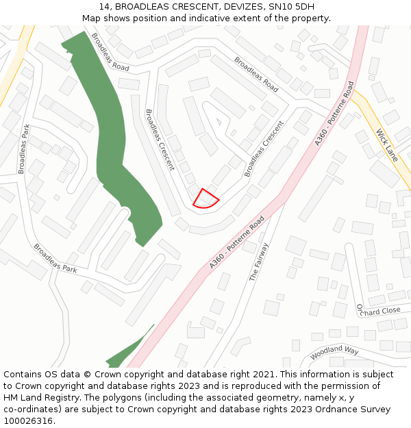 14, BROADLEAS CRESCENT, DEVIZES, SN10 5DH: Location map and indicative extent of plot