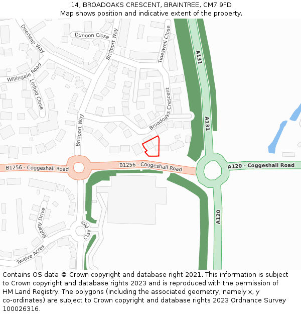 14, BROADOAKS CRESCENT, BRAINTREE, CM7 9FD: Location map and indicative extent of plot