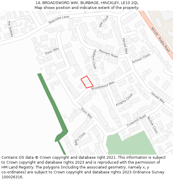 14, BROADSWORD WAY, BURBAGE, HINCKLEY, LE10 2QL: Location map and indicative extent of plot
