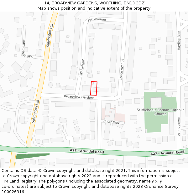 14, BROADVIEW GARDENS, WORTHING, BN13 3DZ: Location map and indicative extent of plot