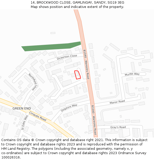 14, BROCKWOOD CLOSE, GAMLINGAY, SANDY, SG19 3EG: Location map and indicative extent of plot