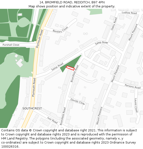 14, BROMFIELD ROAD, REDDITCH, B97 4PN: Location map and indicative extent of plot