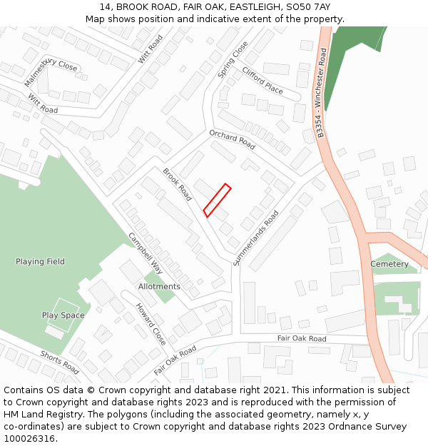 14, BROOK ROAD, FAIR OAK, EASTLEIGH, SO50 7AY: Location map and indicative extent of plot