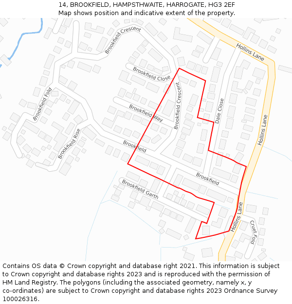 14, BROOKFIELD, HAMPSTHWAITE, HARROGATE, HG3 2EF: Location map and indicative extent of plot