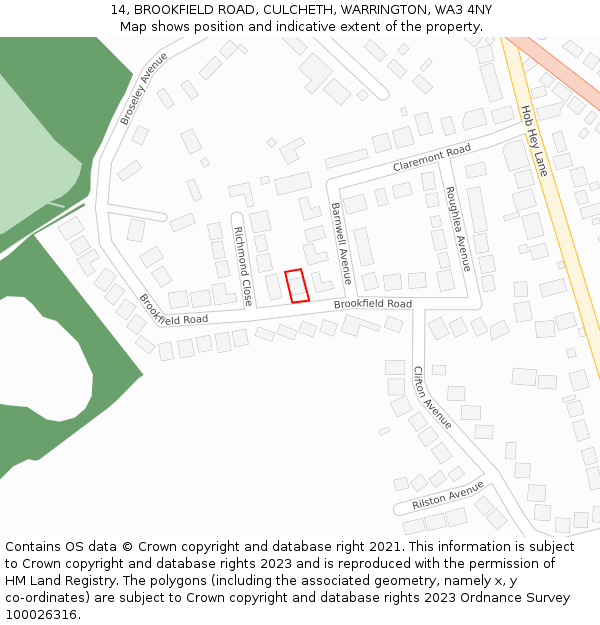 14, BROOKFIELD ROAD, CULCHETH, WARRINGTON, WA3 4NY: Location map and indicative extent of plot