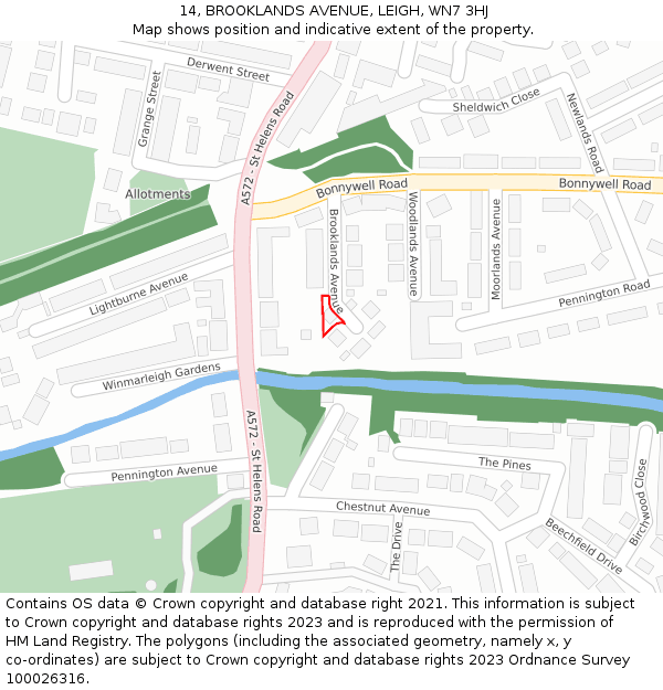 14, BROOKLANDS AVENUE, LEIGH, WN7 3HJ: Location map and indicative extent of plot