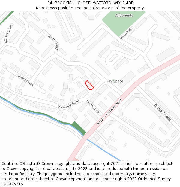 14, BROOKMILL CLOSE, WATFORD, WD19 4BB: Location map and indicative extent of plot