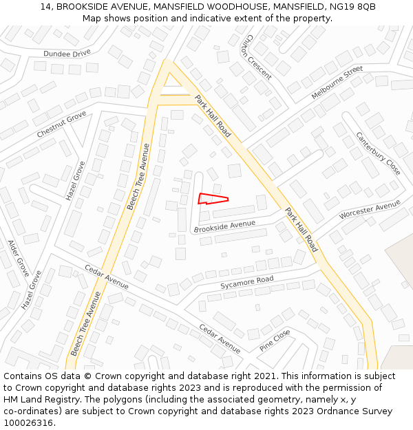 14, BROOKSIDE AVENUE, MANSFIELD WOODHOUSE, MANSFIELD, NG19 8QB: Location map and indicative extent of plot