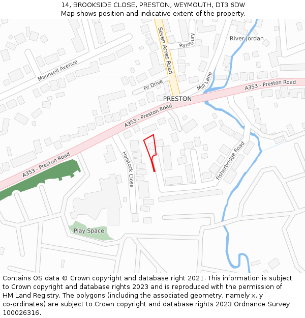 14, BROOKSIDE CLOSE, PRESTON, WEYMOUTH, DT3 6DW: Location map and indicative extent of plot