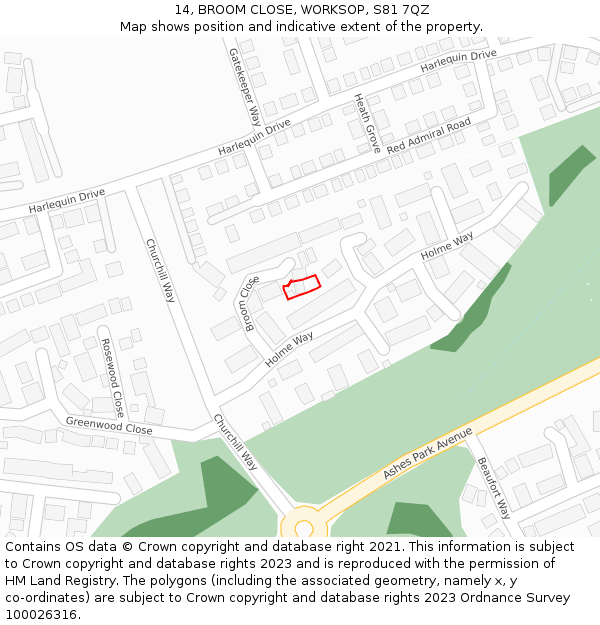 14, BROOM CLOSE, WORKSOP, S81 7QZ: Location map and indicative extent of plot