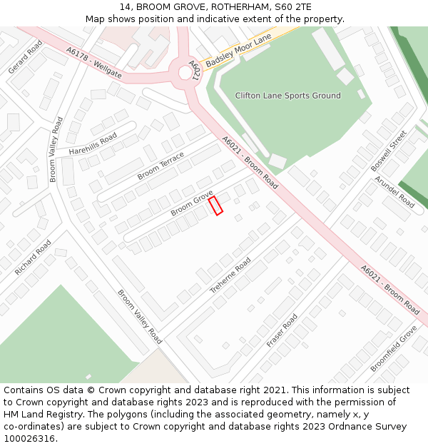 14, BROOM GROVE, ROTHERHAM, S60 2TE: Location map and indicative extent of plot