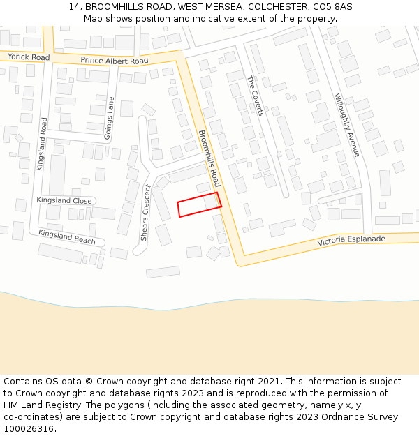 14, BROOMHILLS ROAD, WEST MERSEA, COLCHESTER, CO5 8AS: Location map and indicative extent of plot