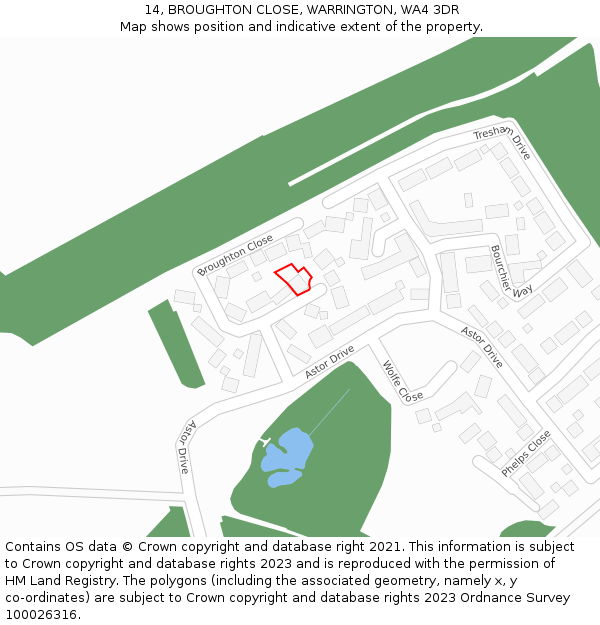 14, BROUGHTON CLOSE, WARRINGTON, WA4 3DR: Location map and indicative extent of plot